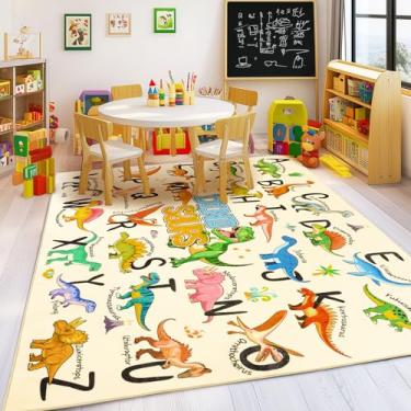 Imagem de Bolacrom Tapetes infantis para sala de jogos, tapete educativo de 1,5 x 1,8 m para aprender o alfabeto ABC, macio, lavável na máquina, tapete de dinossauro fofo antiderrapante para sala de aula