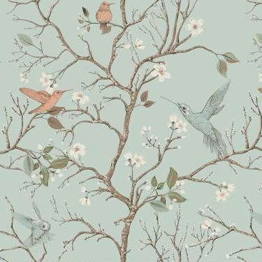Imagem de VEELIKE Papel de parede floral vintage flor de cerejeira descasque e cole papel de parede verde chinoiserie pássaro papel de parede para quarto banheiro 48 cm x 354 cm autoadesivo removível mural de