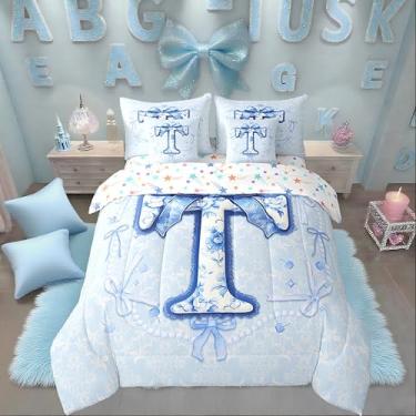 Imagem de Erosebridal Jogo de cama casal com laço de coquete, 7 peças, azul, groovy, floral, lindo, em uma bolsa, letra T, laço estético, conjunto de edredom para meninas, para namorada/mãe/irmã (T)