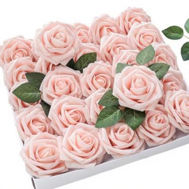 Imagem de SHUERIET Flores artificiais, 25 peças de rosas falsas de espuma rosa bebê de aparência real com hastes para buquês de casamento DIY, centro de mesa, chá de panela, decoração de arranjo de flores em