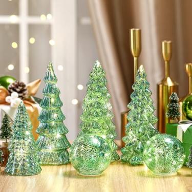 Imagem de Syhood 6 peças de árvore de Natal de vidro mercúrio para mesa iluminada, estatueta de árvore de Natal, mercúrio, globo de vidro rachado com luz para decoração de Natal, casa, festa, cornija, presente