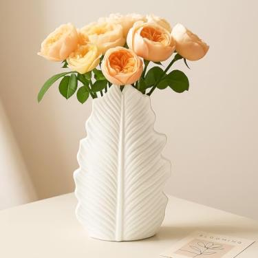 Imagem de Vaso em forma de folha de cerâmica fosca branca – Vaso de flores decorativo minimalista moderno BEAHOT com textura de folha em relevo para mesa central, decoração de casa e escritório