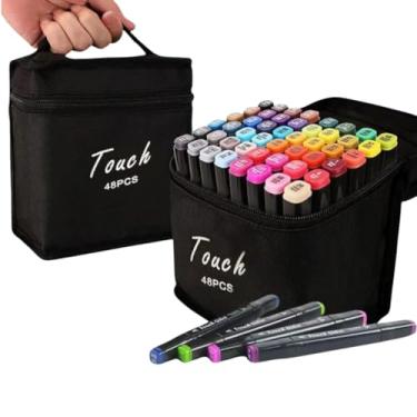 Imagem de Kit 48 Canetas Marcadoras Touch Dupla Ponta à Base de Álcool – Cores Vibrantes, Secagem Rápida, Ideal para Desenho, Ilustração e Lettering + Estojo Organizador