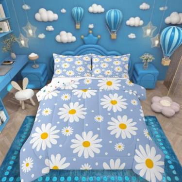 Imagem de Erosebridal Jogo de cama casal de margarida azul para meninas, decoração de quarto de crianças, adolescentes e adultos