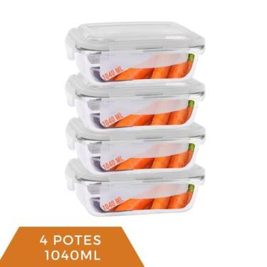 Imagem de Kit 4 Pote Vidro 1040ML Vai ao Forno Microondas Retan c/Tampa - Pra ca