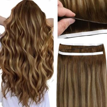 Imagem de Lacer Extensões de cabelo Genius Weft Hair com fita de 45,7 cm, extensões de cabelo humano castanho chocolate a loiro caramelo com fita de raízes marrons em extensões amarradas à mão duplo 50 g