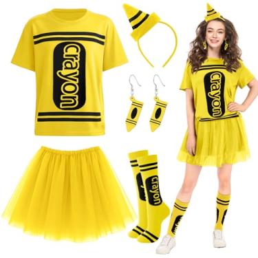 Imagem de Newcotte Conjunto de 7 peças de fantasia de giz de cera de Halloween com camiseta de giz de cera, saia tutu, meias até a coxa, brinco de madeira, Amarelo, Tamanho Único