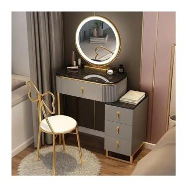 Imagem de YAYAOVP-24927 Conjunto de mesa de penteadeira pequena com espelho e cadeira, mesa de maquiagem para espaços pequenos, penteadeira para quarto (cinza)