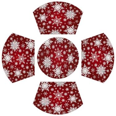 Imagem de Jogo americano redondo conjunto de 4 tapetes de mesa de floco de neve de gelo vermelho com centro de mesa, lavável e resistente ao calor, tapetes de mesa para mesa de jantar - 5 peças