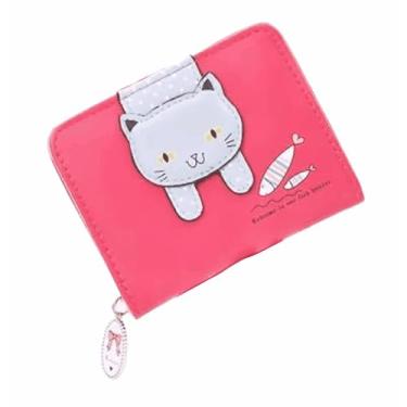Imagem de Carteira feminina bonita de gatinho, com zíper, dobrável, curta, para moedas, dinheiro, organizador de cartões com janela fotográfica para mulheres ROSA PRETA VERDE AZUL E NUDE 12x10x3cm (Rosa)