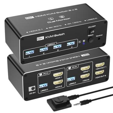 Imagem de Closs Kvm Switch 2 Monitores 2 Computadores, Hdmi Kvm Switches 8K@60Hz, Usb 3.0 Kvm Switches Para 2 Computadores Compartilham Monitor Duplo E 4 Dispositivos Usb, Displayport Kvm Com Controlador Com