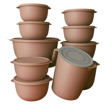 Imagem de Conjunto de 10 saladeiras ou 5 saladeiras + jarro de 1,8 litros Saladeiras de cozinha Recipientes plásticos para armazenamento de alimentos (10 Bege + Jarra)