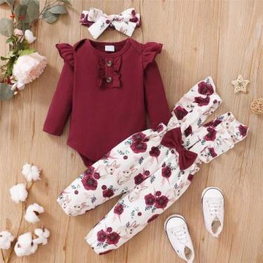 Imagem de Conjunto De Roupas Para Bebê Menina Com Body De Manga Longa Vermelho E