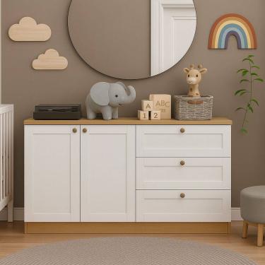 Imagem de Quarto Infantil com Cômoda 3 Gavetas e Armário 2 Portas Provençais 100% Mdf Infinity Savana/Branco