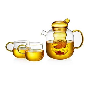 Imagem de Chaleira de café e chá bule de vidro feito à mão com infusor de vidro de chá solto removível chás de desabrochamento chaleira 2 em 1 bule de chá de cerâmica elétrica aplicável (cor: amarelo x2 xícaras)