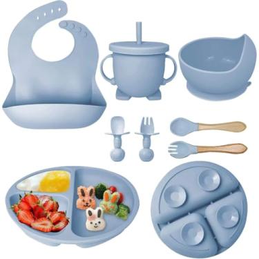 Imagem de Kit de Alimentação Infantil em Silicone, 8 Peças, Rosa e Azul, com Prato Dividido, Talheres, Copo com Canudo, Babador, para Bebês Acima de 3 Meses (AZUL)
