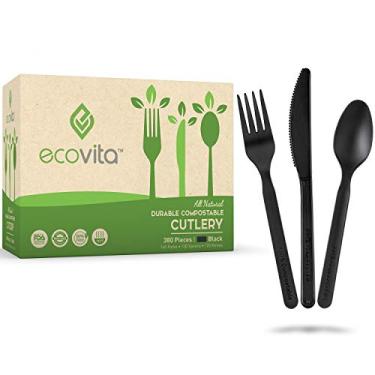 Imagem de Ecovita Conjunto de talheres 100% compostáveis, garfos, colheres, facas – 380 utensílios descartáveis grandes (18 cm) Alternativa ecológica durável e resistente ao calor para talheres de plástico com