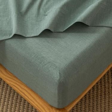 Imagem de MooMee Lençol de baixo com elástico 100% algodão lavado como linho texturizado respirável durável macio confortável bolso profundo cabe em colchões de até 43 cm (verde mesclado, casal)
