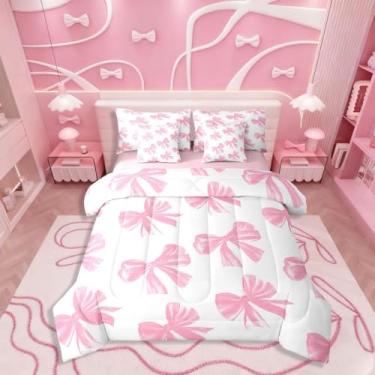 Imagem de Erosebridal Jogo de cama casal com laço rosa branco e laço fofo, 7 peças, para crianças, adolescentes, mulheres, kawaii, lençol com laço, aquarela e edredom