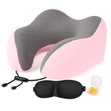Imagem de Travesseiro de pescoço para viagem – Travesseiro cervical 100% de espuma viscoelástica pura, ergonômico e macio, para dormir e descansar em avião, carro, escritório ou casa (rosa)