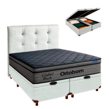 Imagem de Cama Box Bau Branco + Cabeceira + Colchão Queen Confort Black Ortobom