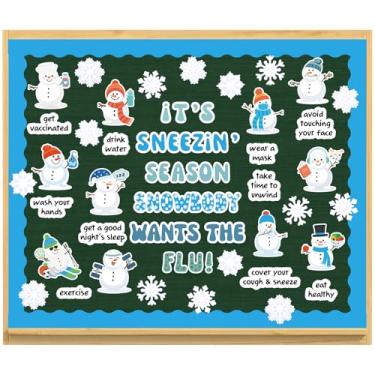 Imagem de AmazingSpark Kit de quadro de avisos de gripe de inverno decorações de sala de aula com recortes de papel de ponta de cola, borda de quadro-negro para decoração de porta de parede de escola de férias