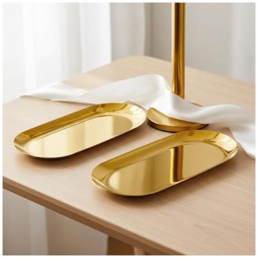 Imagem de Pacote com 2 bandejas decorativas douradas, bandejas ovais de aço inoxidável, bandeja decorativa para joias e cosméticos, organizador de cosméticos, bandeja de servir desordem de banheiro (ouro, 18 cm