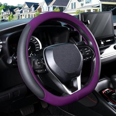 Imagem de SEG Direct Capa de volante em forma de D para rodas de fundo plano de 37-38 cm, couro de microfibra perfurado respirável, aderência antiderrapante, ajuste universal para carros e SUVs, preto e roxo