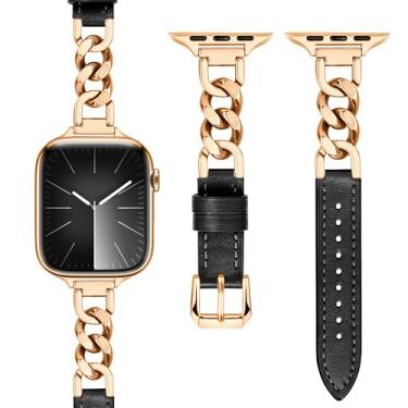 Imagem de Aniaboho Pulseira de metal compatível com Apple Watch séries 9, 8, SE, 7, 6, 5, 4, 3, 2, 1, Ultra 2 1, para Apple Watch de 40 mm, 38 mm, 41 mm (ouro rosa/couro preto)