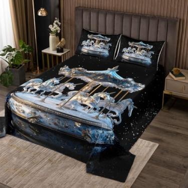 Imagem de Conjunto de cama king size carrossel, céu estrelado sonhador, 3 peças, para decoração de quarto de crianças, meninas, meninos, adolescentes, conjunto de edredom de unicórnio doce princesa sonhadora