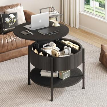 Imagem de Ablefurn Mesa de centro redonda, mesa de centro canelada com compartimento oculto e prateleira aberta, mesa central pequena de 68 cm para sala de estar, espaço pequeno, preto de meados do século