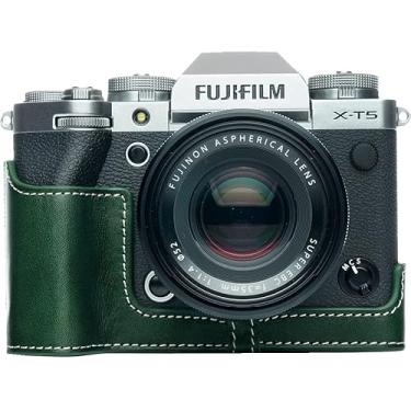 Imagem de Capa para câmera X-T5, BolinUS, feita à mão, couro legítimo, meia câmera, capa para câmera Fujifilm Fuji X-T5 XT5, versão com abertura inferior + alça de mão (verde)