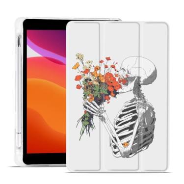 Imagem de MAYCARI Capa de Halloween para iPad de 10,2 polegadas 2021/2020/2019 com suporte para lápis, buquê de flores original, caveira para iPad 9ª/8ª/7ª geração, capa protetora traseira de TPU macio, capa