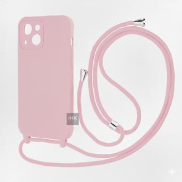 Imagem de Capa Case Capinha Para iPhone 14 Silicone Com Cordão Alça De Pescoço Ajustável Veludo Premium (ROSA IOGURTE)