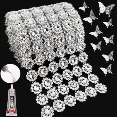 Imagem de Yhsheen Tecido de malha de strass prateado, 10 cm x 3 jardas 6 linhas, rolo de fita brilhante para artesanato, acabamento de fita para mãe com botões 3D, 12 peças