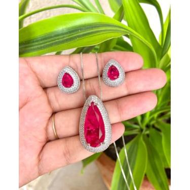 Imagem de Conjunto Semijóia colar e brinco gota cor Fucsia