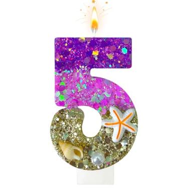 Imagem de Velas de aniversário, praia número 5 velas decoradas com conchas e pérolas para topo de bolo, adequado para decorações de bolo de sereia, decoração de aniversário com tema oceano (5 velas)