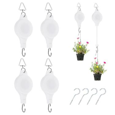 Imagem de PATIKIL Polia retrátil para plantas, 4 peças de cabide de plantas resistentes, gancho de cesta de flores com gancho triangular para cestas de jardim, vasos e alimentador de pássaros, branco