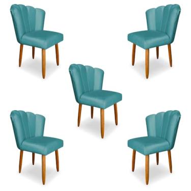 Imagem de Kit 5 Cadeiras de Jantar Pétala Estofada Pés Palito Veludo Azul Turquesa - Montanaris Decor