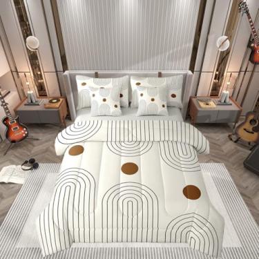 Imagem de Conjunto de edredom geométrico, boêmio, simples, moderno, estilo japonês, tamanho Queen, com lençóis, para decoração de quarto feminino, microfibra macia, bege, arte abstrata, para todas as estações