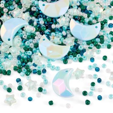 Imagem de Kits de pulseiras de contas faça-você-mesmo, incluindo contas de semente de vidro de 60 g, lua estrela, espaçador, miçanga, para mulheres, joias, brincos, colar, decoração, verde