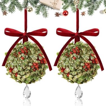Imagem de 2 peças de decoração de visco de Natal artificial enfeite de cristal pendurado bola de beijo com laço de baga para porta de casa, árvore de Natal, amizade, festa, feriado, arco, decoração de teto