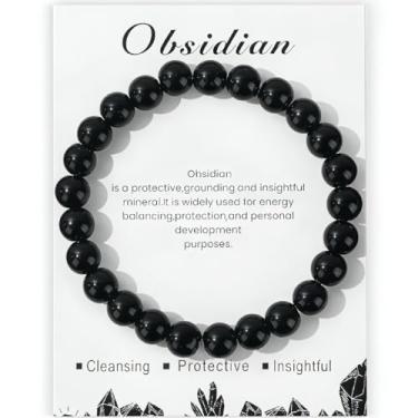 Imagem de Presente de saúde mental para mulheres, homens, Natal, Dia das Mães, presentes de aniversário para ela, namorado, amiga, irmã, pulseiras elásticas com contas de obsidiana natural, presente feito à mão