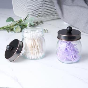 Imagem de Dispensador de suporte Qtip Mason Jar com tampa, frascos de boticário de vidro, recipientes de banheiro para cotonetes, bolas, almofadas, palhetas de fio dental, organizador de armazenamento de