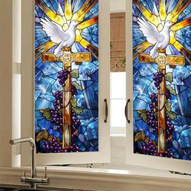 Imagem de HOMETITUTE Película para janela de vitral Dove and Cross 17,7 x 39,3 polegadas adesivo decorativo cristão de vidro de privacidade adesivo de janela de vinil fosco design de pomba da paz religiosa para