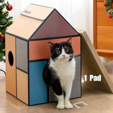 Imagem de Conlun Casa de papelão para gatos com almofada de arranhões e erva de gato, brinquedo de arranhar para móveis internos, arranhador de papelão resistente e resistente, presente de aniversário fácil de