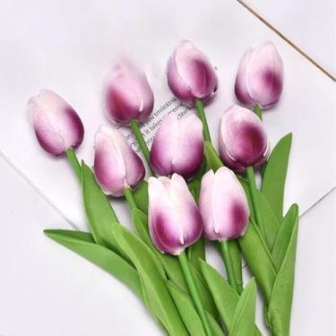 Imagem de Kit 10 Tulipas Artificiais de Látex PU – Buquê de Toque Real 34cm com 5 Flores por Haste para Decoração de Casamento, Casa e Eventos (Cores Diversas)(Roxo claro (10 peças))