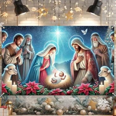 Imagem de HOMETITUTE Banner de Natal para presépio 188 x 109 cm, cenário de estrela de Belém, fundo de família sagrada, faixa de nascimento de Jesus, decoração religiosa silenciosa, decoração religiosa