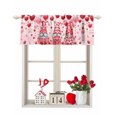 Imagem de Cortina de Dia dos Namorados Gnomos Rosa Gnomos Cortina de Cozinha Sanefas Bolso de Haste Amor Coração Balão Cortina Tratamento Cortina Topper Cortinas para Decoração de Dia dos Namorados Festa de