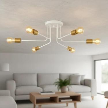 Imagem de Luminária de Teto Sputnik 6 Braços "L" Lustre Sala Quarto Cozinha Area Gourmet Hall Sala (BRANCO-DOURADO)